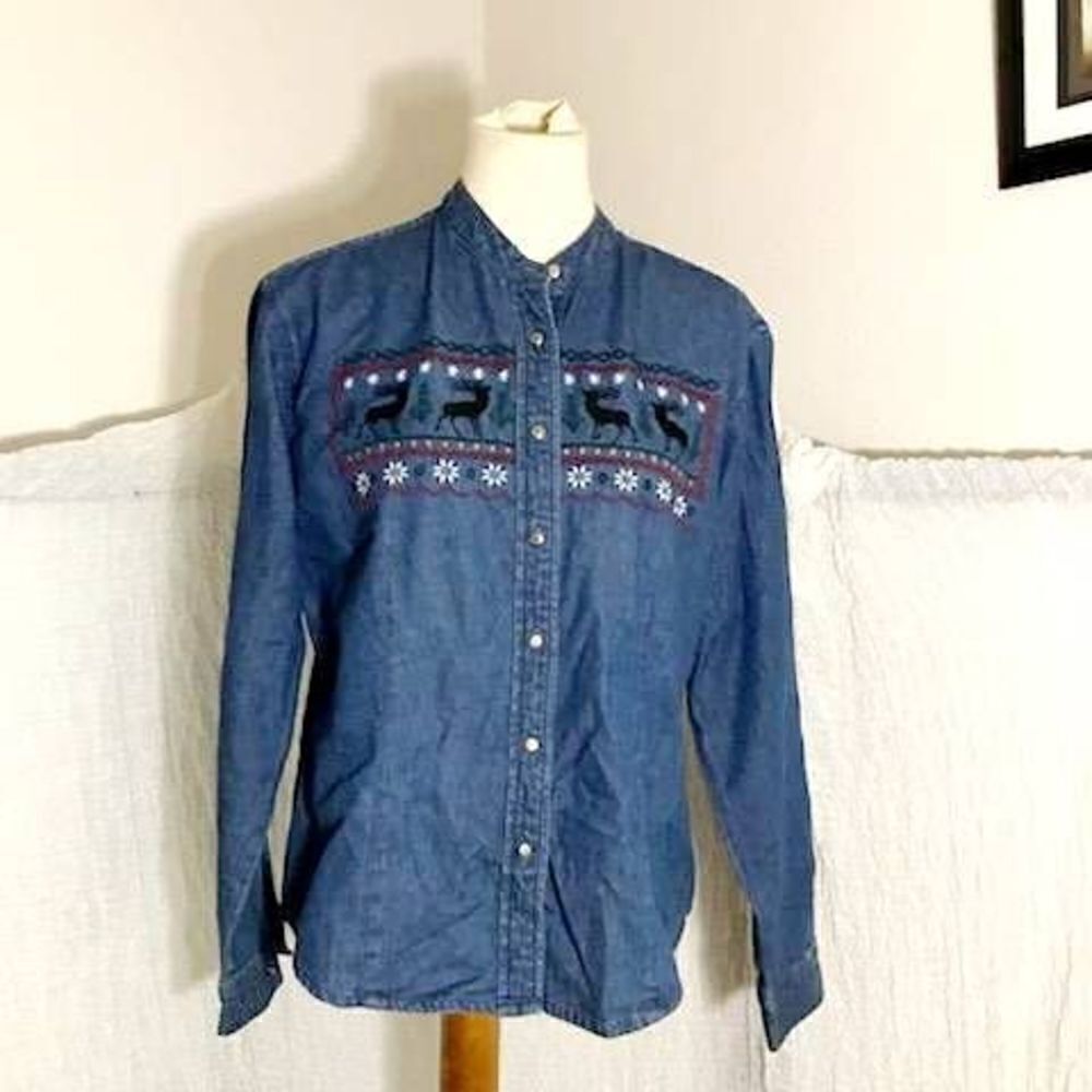 Bushwacker Vtg Christmas Denim Shirt Size M